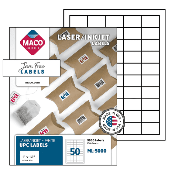 MACO Laser/Ink Jet White UPC Labels Permanent Adhesive - 1" x 1.50" Length - Rectangle - Laser, Inkjet - White - 50 / Sheet - 5000 / Box
