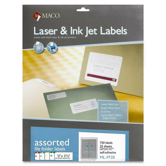 MACO Laser/Inkjet Assorted Color File Folder COVER-ALL Labels, 2/3 x 3-7/16 Inches, 30 per Sheet, 750 per Pack