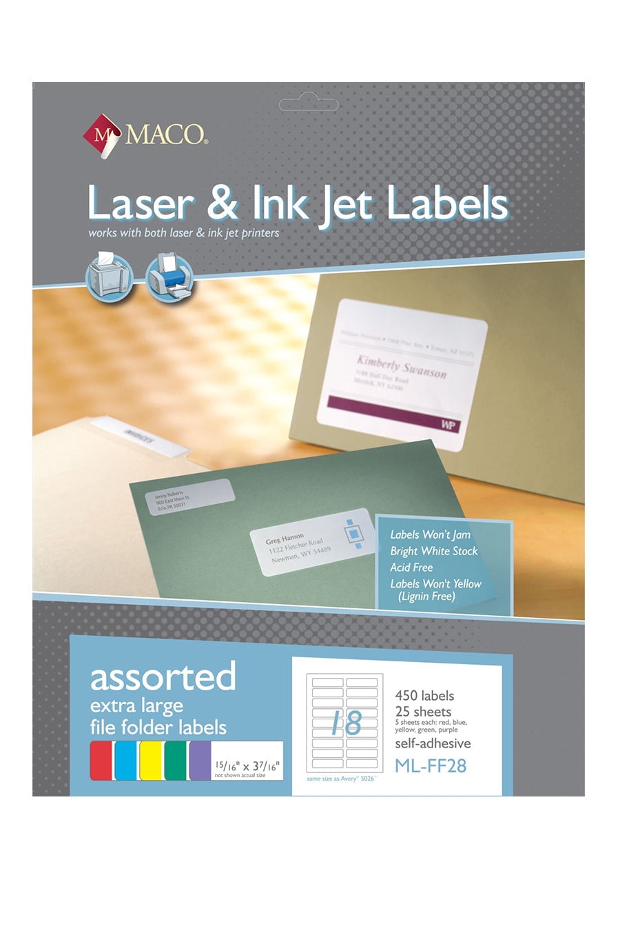 MACO Laser/Inkjet Assorted ExtraLarge File Folder Labels, 15/16" x 37