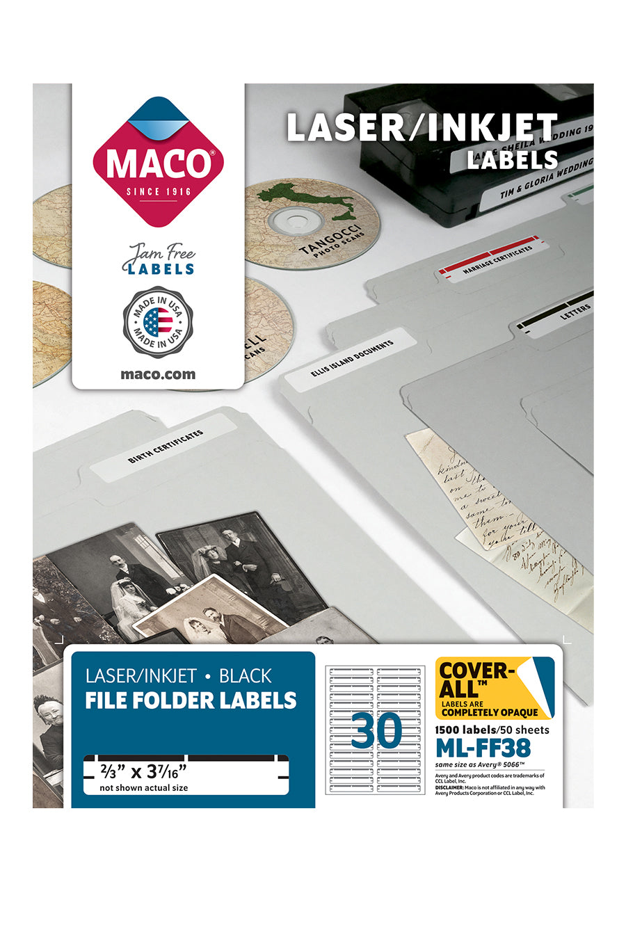 MACO Laser/Inkjet Black File Folder COVERALL Labels, 2/3 x 37/16