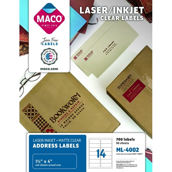 MACO Laser/Inkjet Matte Clear Address, 1-1/3" x 4-1/4", 14 per Sheet, 700 per Box