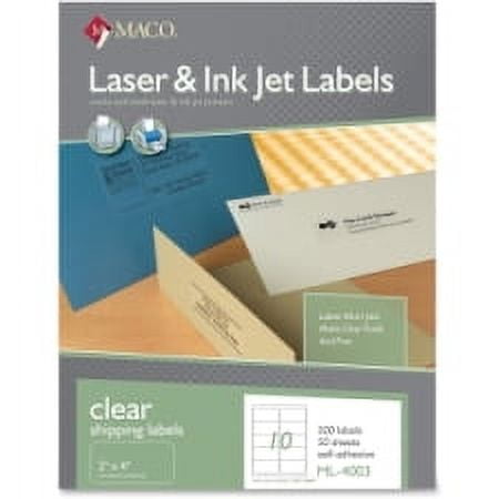 MACO Laser/Inkjet Matte Clear Shipping, 2" x 4-1/4", 10 per Sheet, 500 per Box