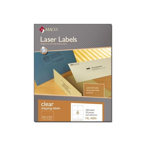 MACO Laser/Inkjet Matte Clear Shipping, 3-1/3" x 4-1/4", 6 per Sheet, 300 per Box