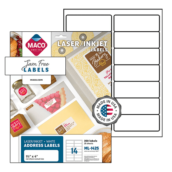 MACO Laser/Inkjet White Address Labels, 1-1/3" x 4", 14 per Sheet, 350 per Box