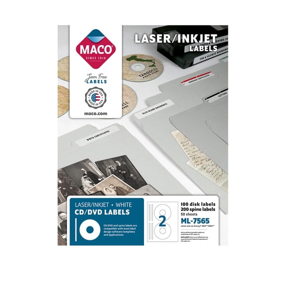MACO Laser/Inkjet White CD/DVD Labels, Face & Spine, 2 Face & 4 Spine per Sheet, 100 & 200 per Box