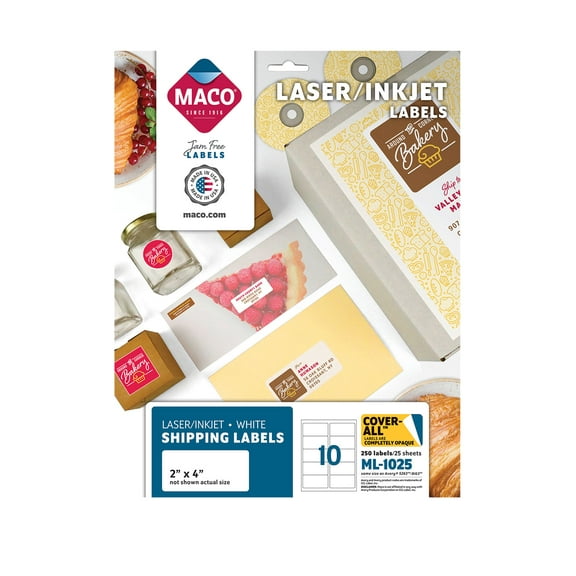 MACO Laser/Inkjet White Shipping COVER-ALL Labels, 2" x 4", 10 per Sheet, 250 per Pack