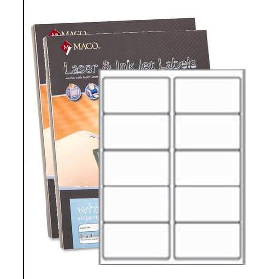 MACO Laser/Inkjet White Shipping COVER-ALL Labels, 2" x 4", 10 per Sheet, 500 Sheets, 5000 Labels per Box