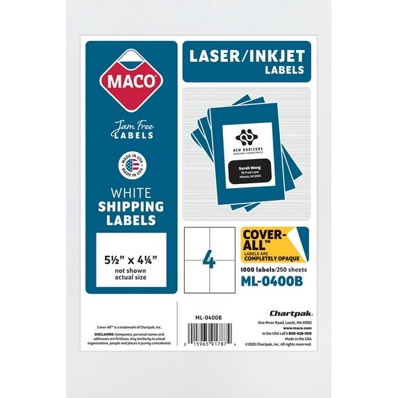 MACO Laser/Inkjet White Shipping COVER-ALL Labels, 5.5" x 4-1/4", 4 per Sheet, 1000 per Box