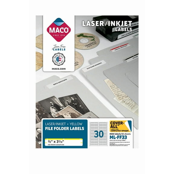 MACO Laser/Inkjet Yellow File Folder COVER-ALL Labels, 2/3 x 3-7/16 Inches, 30 per Sheet, 1500 per Box