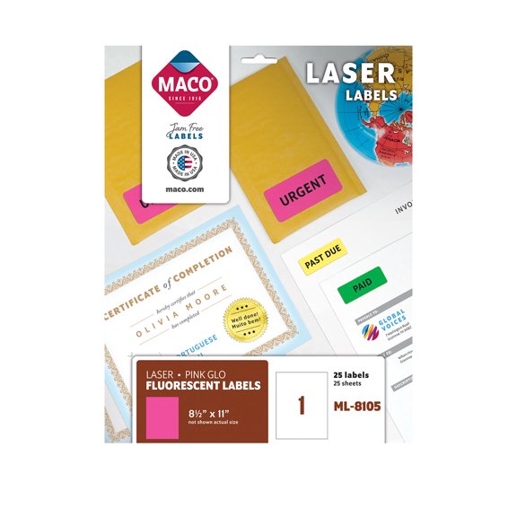 MACO Laser Pink Neon Labels, 8.5" x 11", 1 per Sheet, 25 per Pack