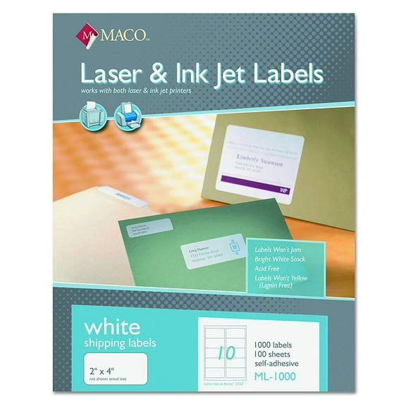 MACO ML1000 White Laser/Inkjet Shipping & Address Labels, 2 x 4, 100 Sheets (10 Labels per Sheet) - Box of 1000 Labels