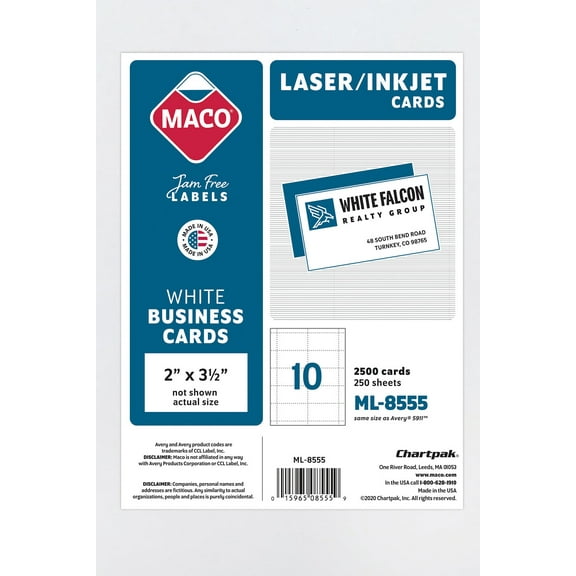 Maco Laser/Inkjet Business Card Stock, Matte, White, 3 1/2" x 2", 250 Sheets, 2500 Count, 2500 Pack