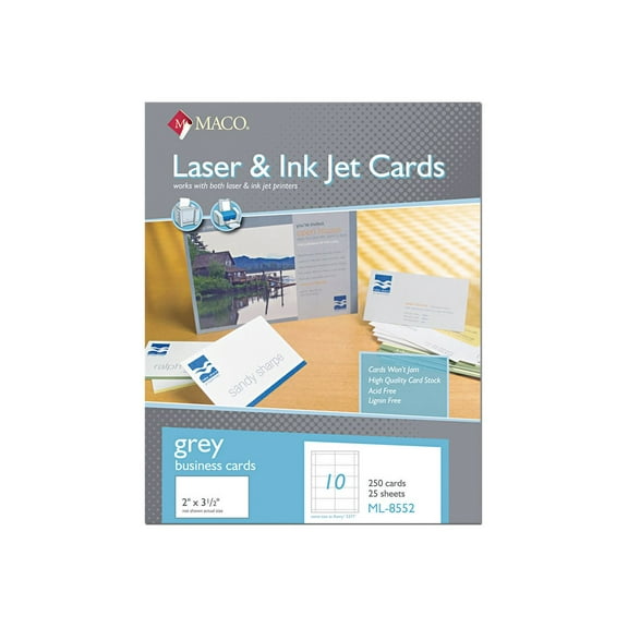 MACO Microperforated Laser/Ink Jet Business Cards, 2 x 3 1/2, Gray, 250/Box