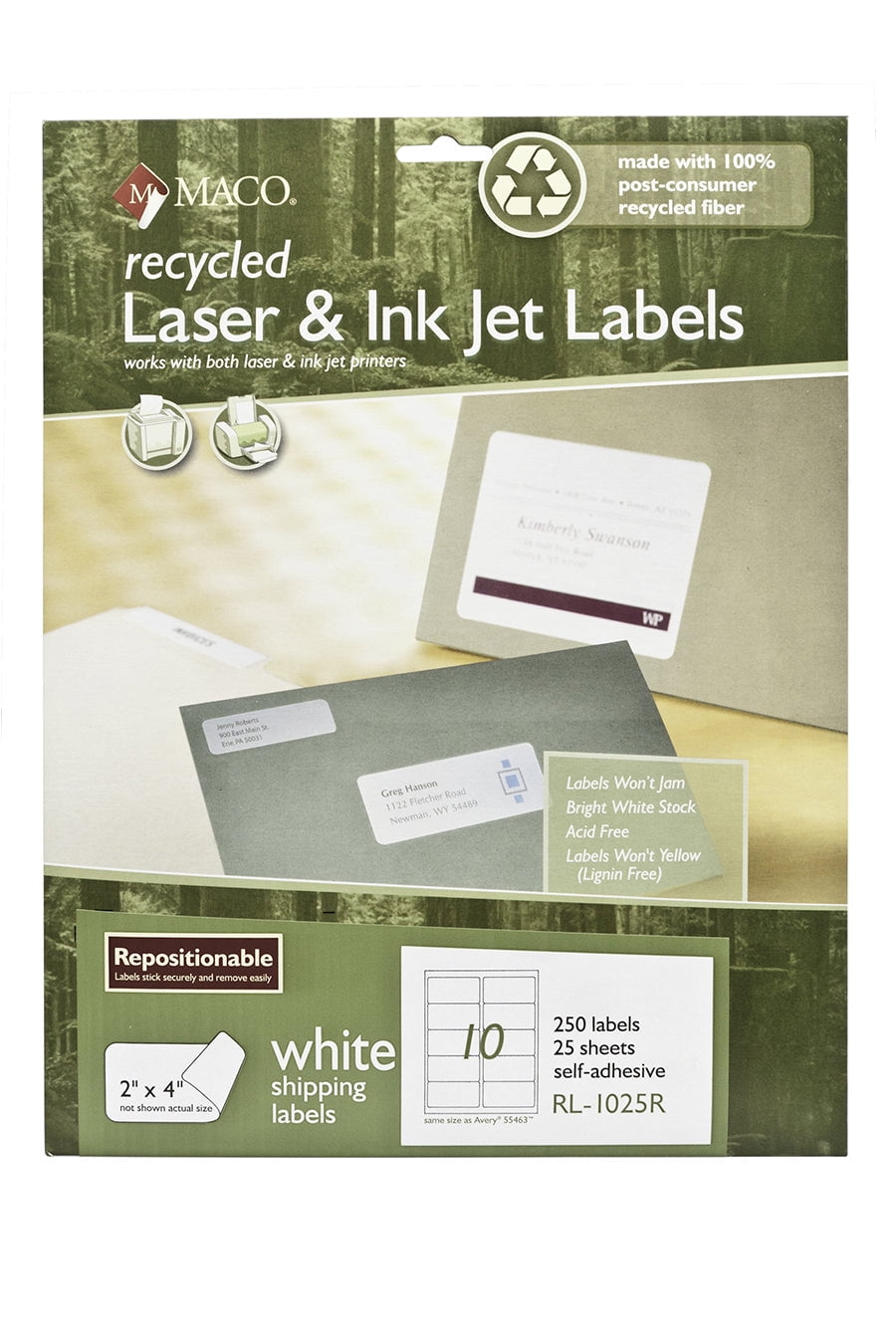 MACO Recycled Repositionable Laser/Ink Jet White Shipping Labels, 2