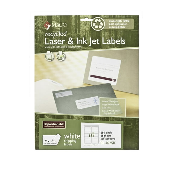 MACO Recycled Repositionable Laser/Ink Jet White Shipping Labels, 2" x 4", 10 per sheet, 250 per Pack