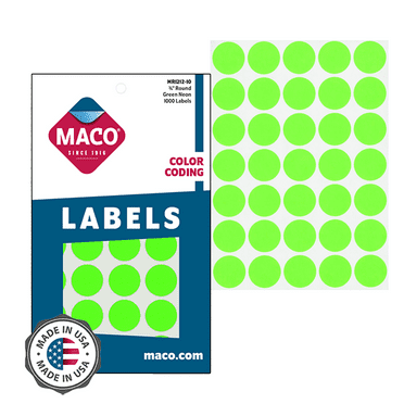 MACO Round GREEN GLOW Color-Coding Labels Dots 3/4” Dia. 1000 Labels MR1212-10