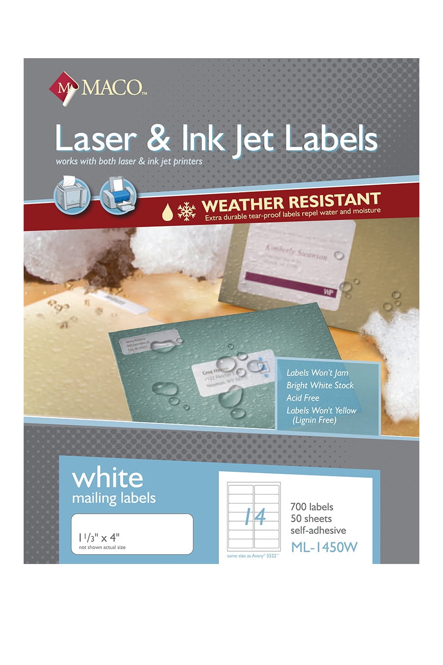 MACO Weather-Resistant Laser/Inkjet White Address Labels, 1-1/3" x 4", 14 per Sheet, 3500 per Box