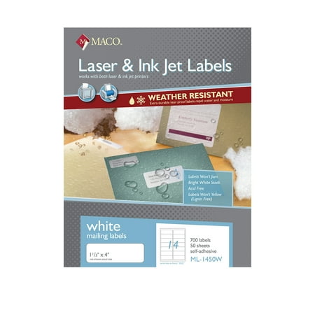 MACO Weather-Resistant Laser/Inkjet White Address Labels, 1-1/3" x 4", 14 per Sheet, 3500 per Box