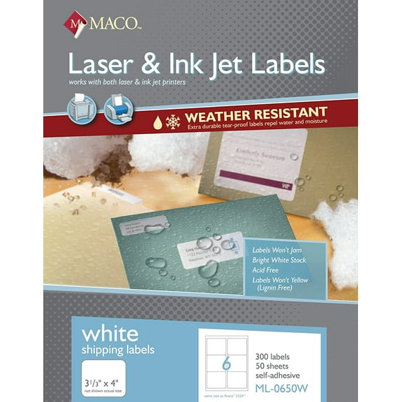 MACO Weather-Resistant Laser/Inkjet White Shipping Labels, 3-1/3" x 4", 6 per Sheet, 1500 per Box