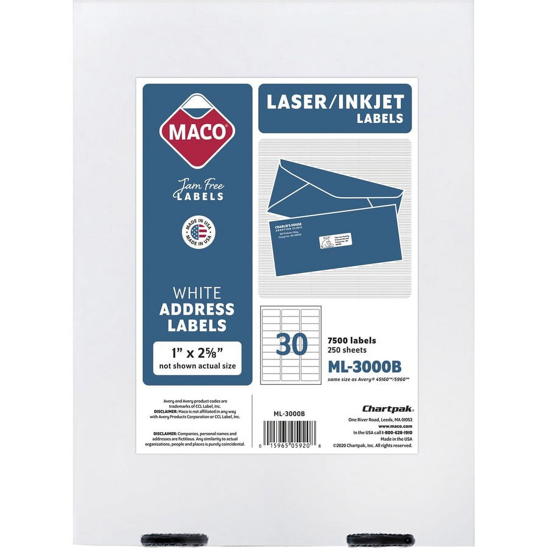 MACO White Laser/Ink Jet Address Label 1" x 2 5/8" Length Permanent