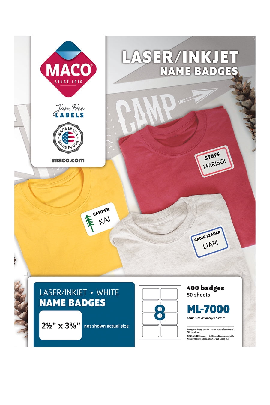 MACO Laser/Inkjet White Name Badge Labels, 2-1/3" x 3-3/8", 8 per Sheet, 400 per Box