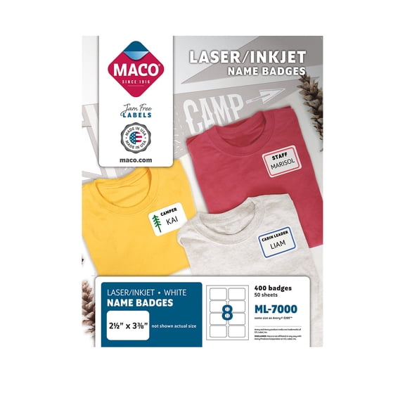 MACO Laser/Inkjet White Name Badge Labels, 2-1/3" x 3-3/8", 8 per Sheet, 400 per Box