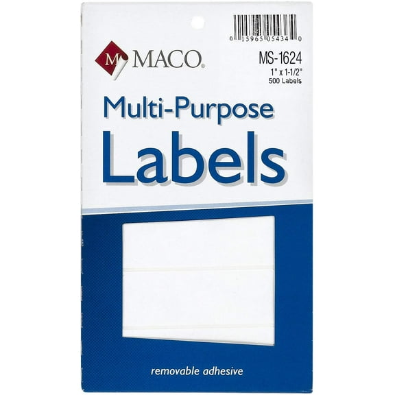 MACO White Rectangular Multi-Purpose Labels, 1 x 1-1/2 Inches, 500 Per Box (MS-1624)