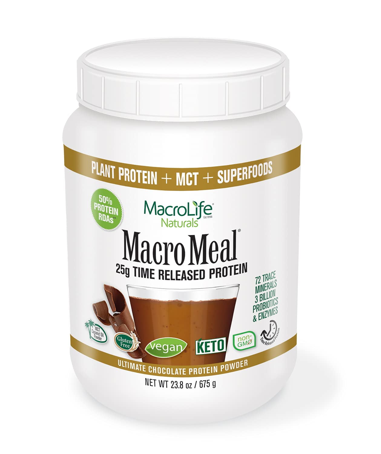 MacroLife Naturals MacroMeal Vegan Chocolate Protein Powder Superfood Greens Probiotics + Fiber, Immune Energy Digestive Daily Essentials for Women & Men Gluten-Free - 21.7oz (15 Servings)