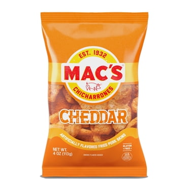 Mac's Chicharrones Cheddar Flavored Pork Rinds, Pork Skins, 4 oz Bag