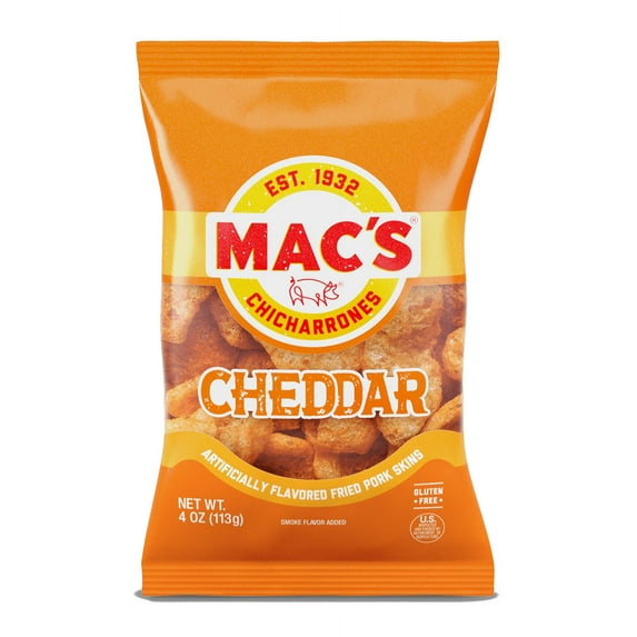 Mac's Chicharrones Cheddar Flavored Pork Rinds, Pork Skins, 4 oz Bag ...