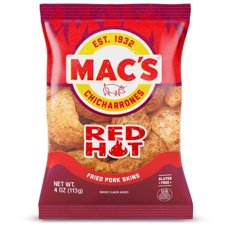 Mac's Hot Chicharrones Pork Rinds, Pork Skins, 4 oz Bag