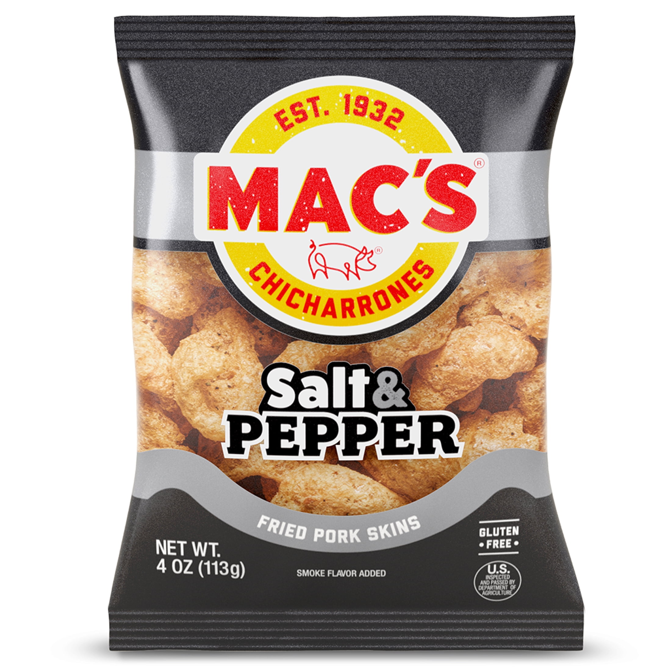 Mac's Salt and Pepper Chicharrones Pork Rinds, Pork Skins, 4 oz Bag