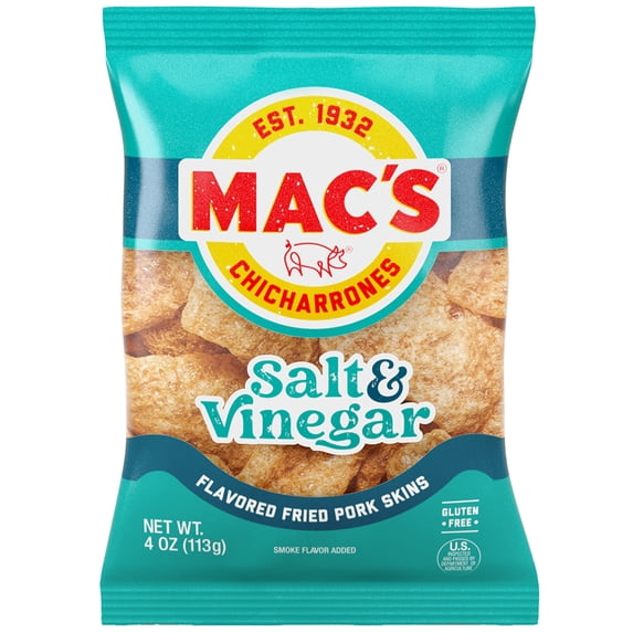 Mac's Salt and Vinegar Chicharrones Pork Rinds, Pork Skins, 4 oz Bag