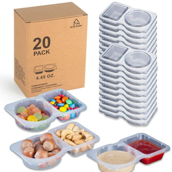 MACTANO Condiment Container with Lid Disposable Double Compartment Plastic Snack Container 20 Sets