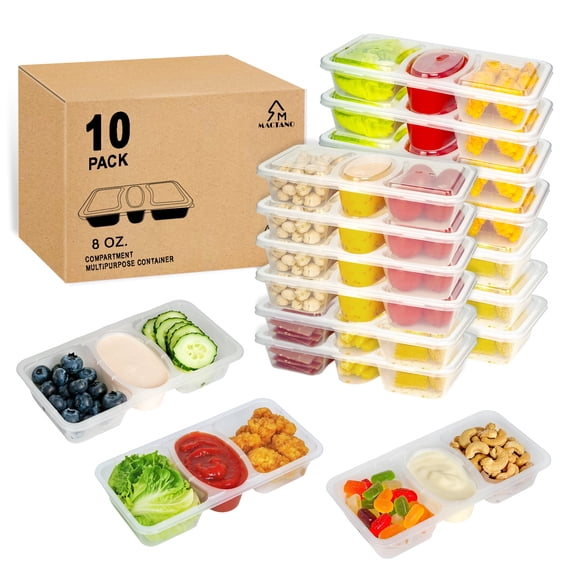 MACTANO 8 OZ Reusable Snack Containers with Lids New 3 Compartment Snack Pack Containers 10 Sets