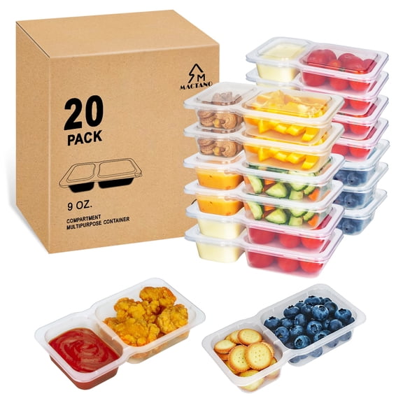 MACTANO 9OZ Reusable Snack Containers with Lids New Double Compartment Snack Pack Containers 20 Sets