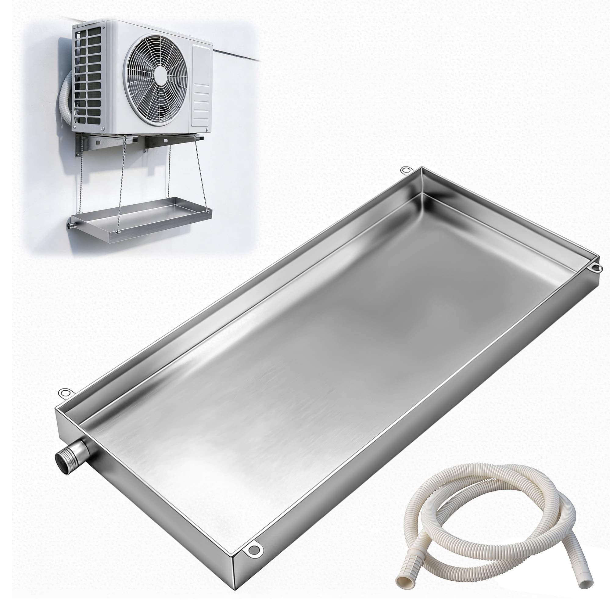 MACTANO AC Drain Pan with 59 Inch Hose, Stainless Steel Air Conditioner Condensate Drain Pan for Outdoor Window AC Water Heater