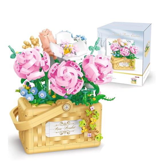MACTANO Flower Building Block Set Rose Bouquet Bonsai Brick Kit Plastic Toy Gift for Adult Pink
