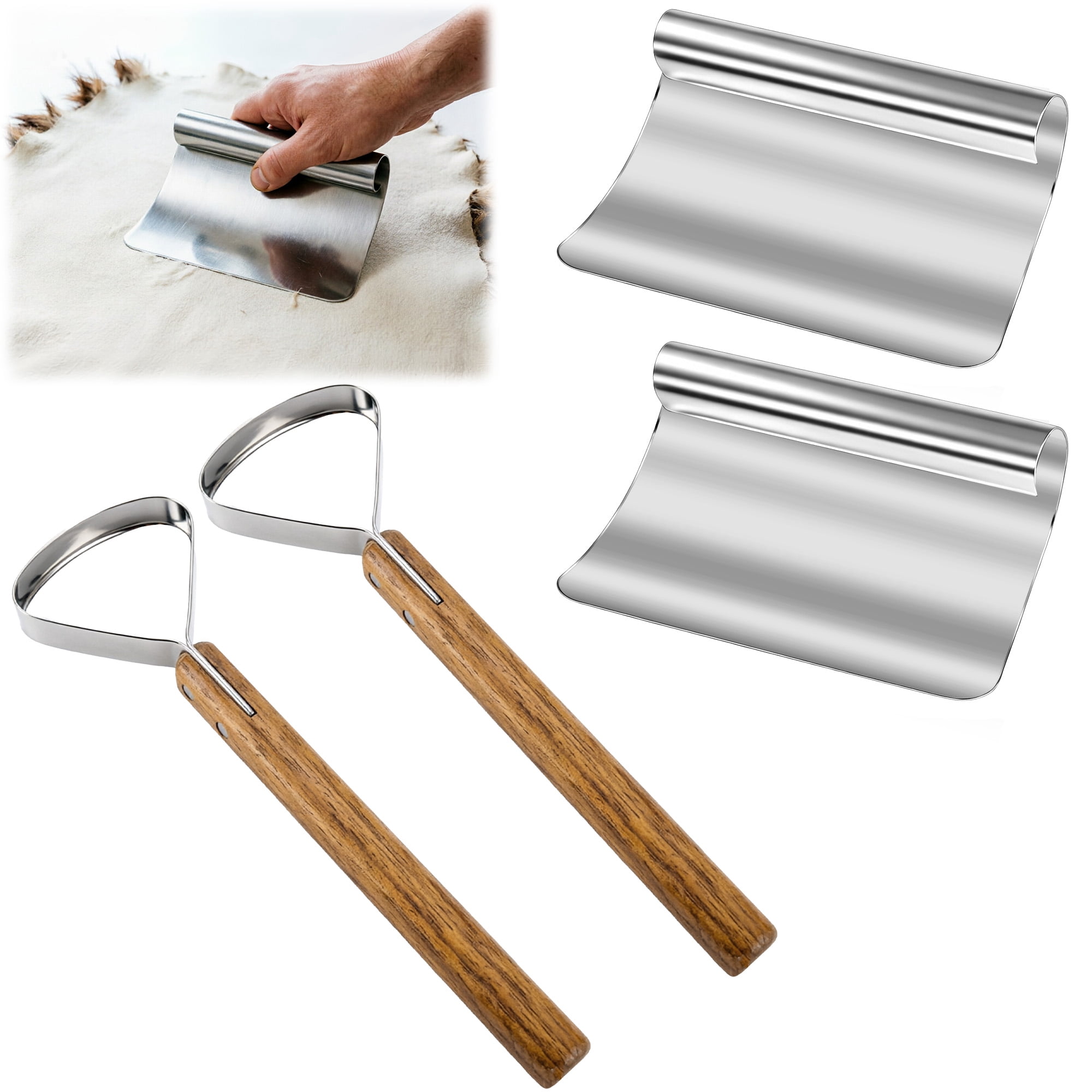 MACTANO Hide Scraper Fleshing Tool 4PCS, Stainless Steel Pelt Scraper Fleshing Tools with Curved and Flat Blades for Taxidermy and Leather Making
