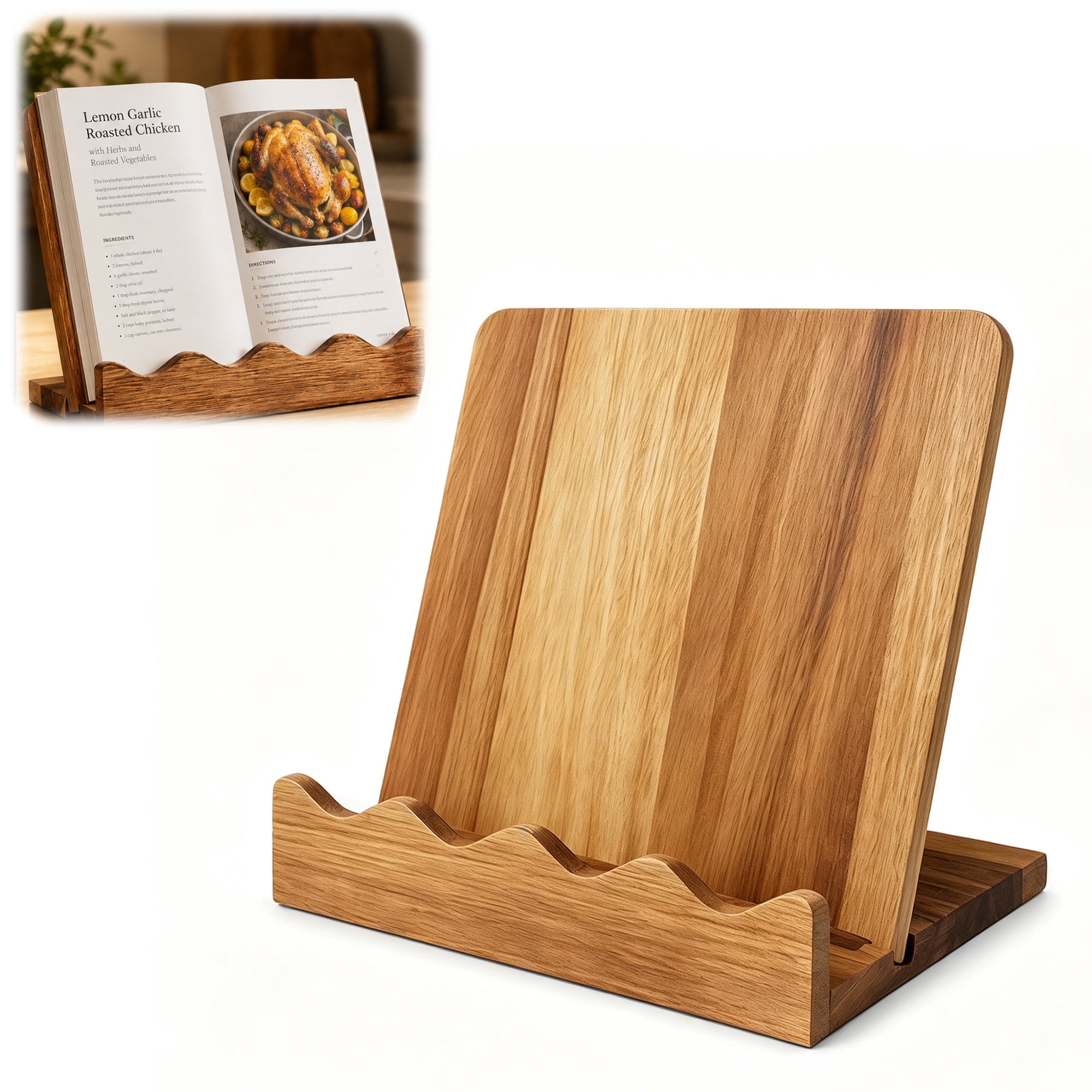 MACTANO Scalloped Wooden Cookbook Stand, 2 in 1 Cookbook Holder Cutting Board Serving Board for Kitchen