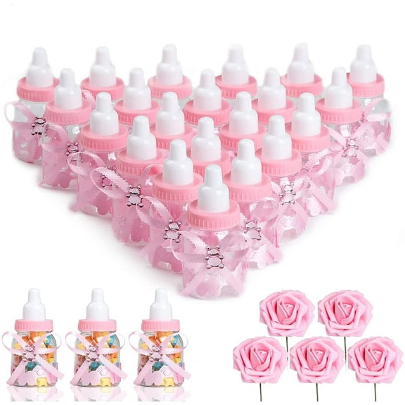 MACTING 2 Dozens 3.5 Inch Feeding Bottle Candy Box with 5 Pcs Artificial Flower Rose for Baby Shower Favor Gift Decoration (Pink) Pink 24 Count (Pack of 1)