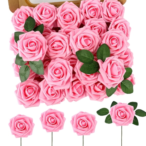 MACTING Pink Artificial Flower Roses 60PCS Real Touch Flowers with Stem Foam Roses for DIY Wedding Bouquet Table Centerpieces Party Bridal Shower Birthday Home Spring Valentines Day Decorations A101