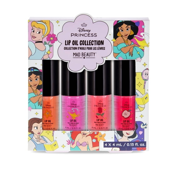 Mad Beauty Disney Princess Lip Oil Set, Apple, Cherry, Vanilla, Strawberry Scent, .54 fl oz