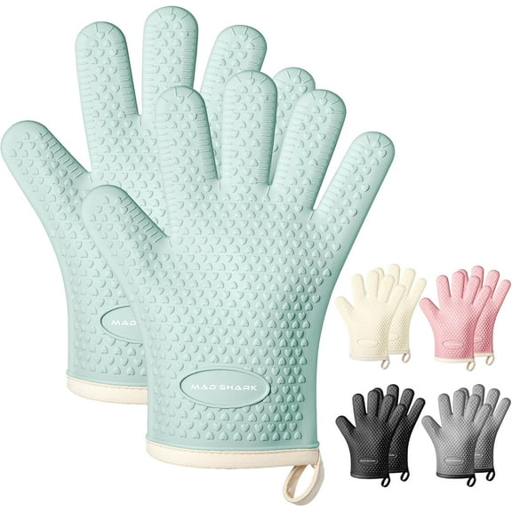 MAD SHARK Silicone Oven Mitts Heat Resistant 450 Degrees,Waterproof & Non-Slip Oven Gloves with Fingers,Cotton Lined Silicone Oven Gloves Kitchen Mitts for Baking Cooking Barbecue,Women (Green)