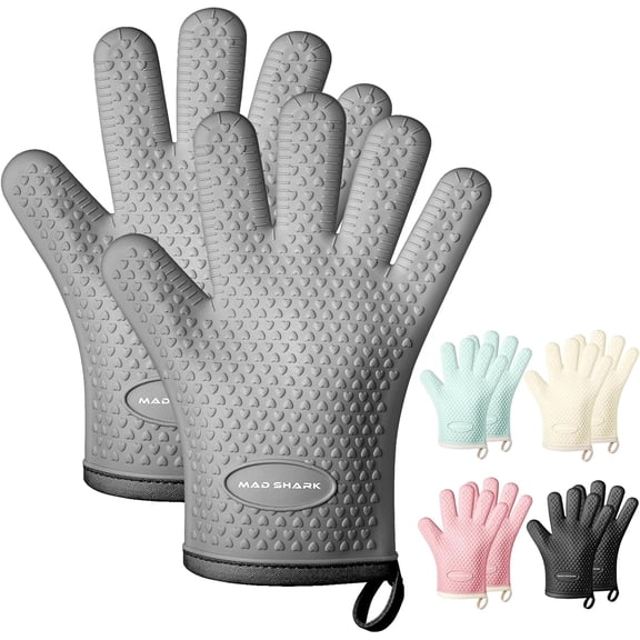MAD SHARK Silicone Oven Mitts Heat Resistant 450 Degrees with Waterproof & Non-Slip Oven Gloves with Fingers, Silicone Oven Gloves Kitchen Mittens for Baking Cooking Barbecue (Orange)