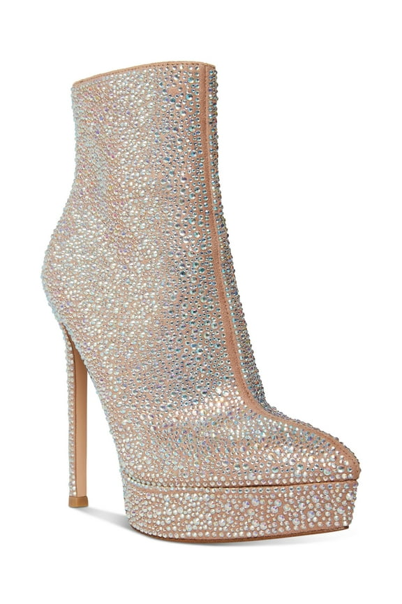 Womens Beige 1" Platform Rhinestone Comfort Lorilee Pointed Toe Stiletto Zip-Up Dress Booties 7.5 M