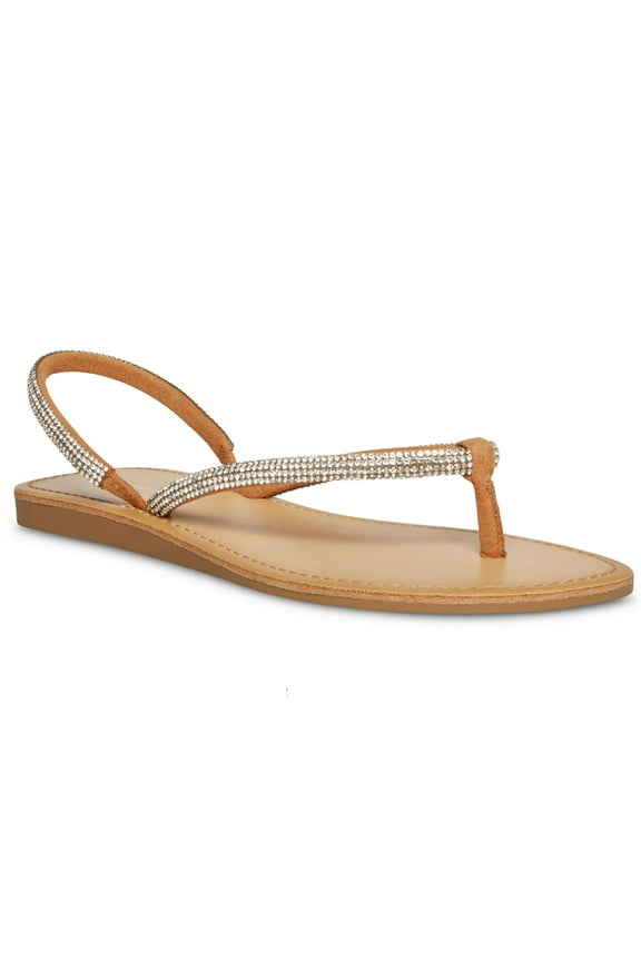 Womens Beige Strappy Slingback Rhinestone Goring Aurra Round Toe Wedge Slip On Thong Sandals Shoes 9 M