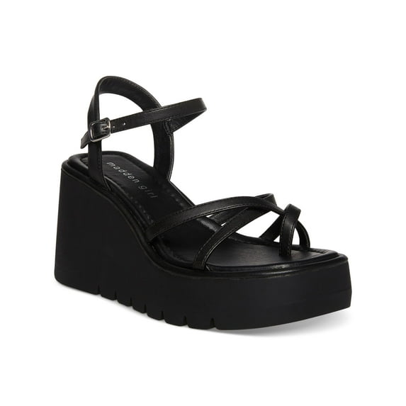 MADDEN GIRL Womens Black Padded Strappy 1-1/2" Platform Adjustable Strap Lug Sole Vault Square Toe Wedge Buckle Heeled Sandal 10 M