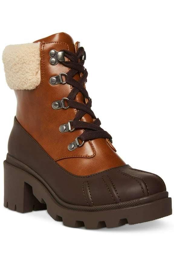 Womens Brown Lug Sole Bubbles Round Toe Block Heel Lace-Up Duck Boots 5.5 M