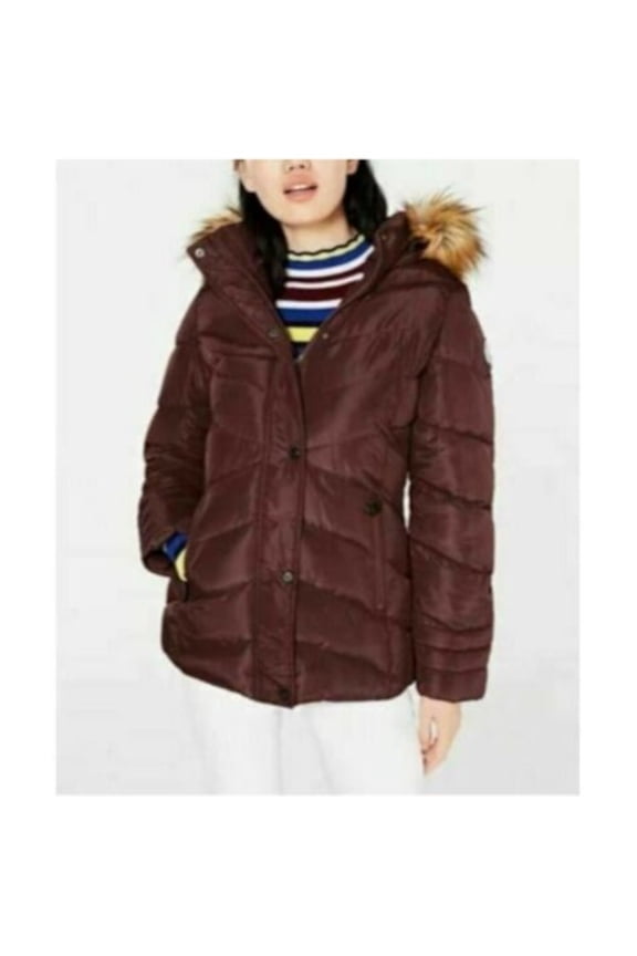 Womens Burgundy Zippered Faux Fur Hooded Pocketed Puffer Winter Jacket Coat Juniors L